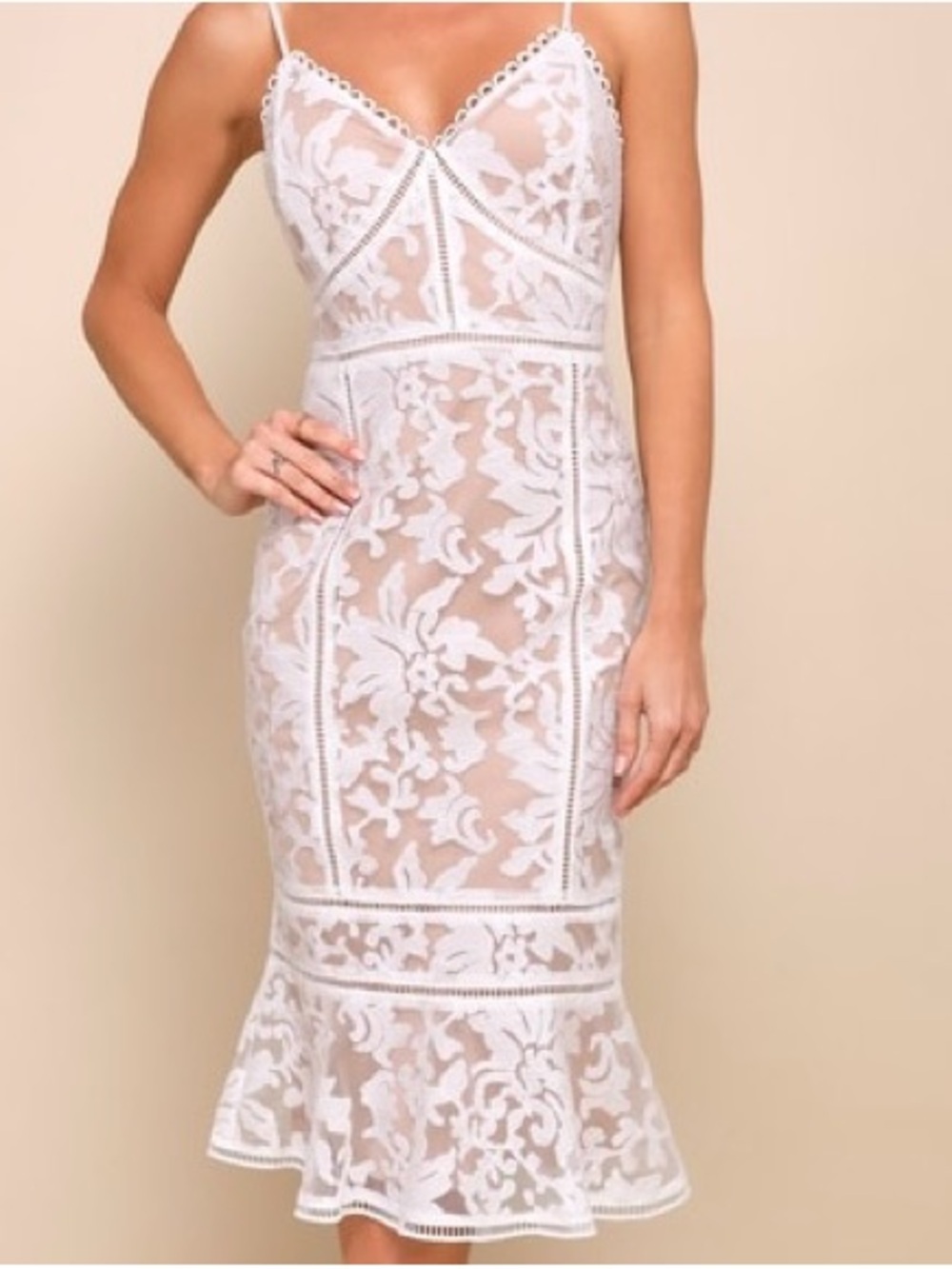 Lulus Alluring Love White and Beige Lace Trumpet Hem Midi Dress
